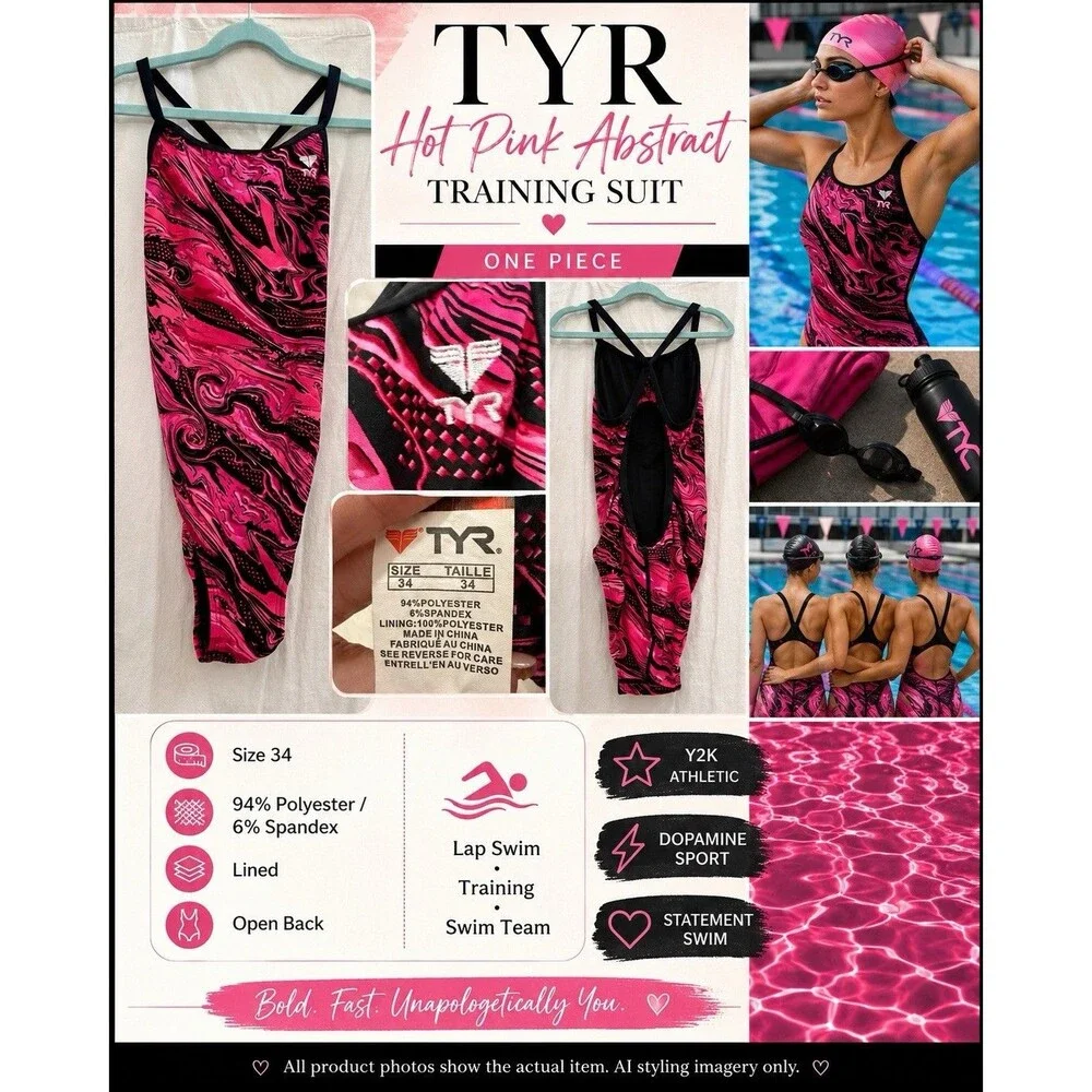 TYR Size 34 Pink Black Marble Open Back One Piece Swimsuit Training Competition